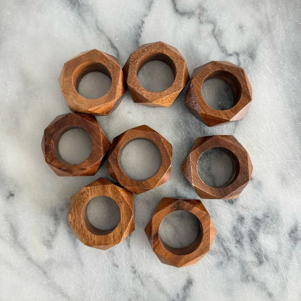 Vintage | MCM Faceted Wood Napkin Rings Set Of 8 Carved Geometric Setting Holder
